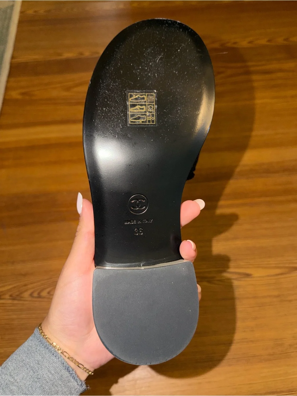 CHANEL 24C Black White CHA NEL Letter Logo Mule Slide Block Heel Sandal Size 36